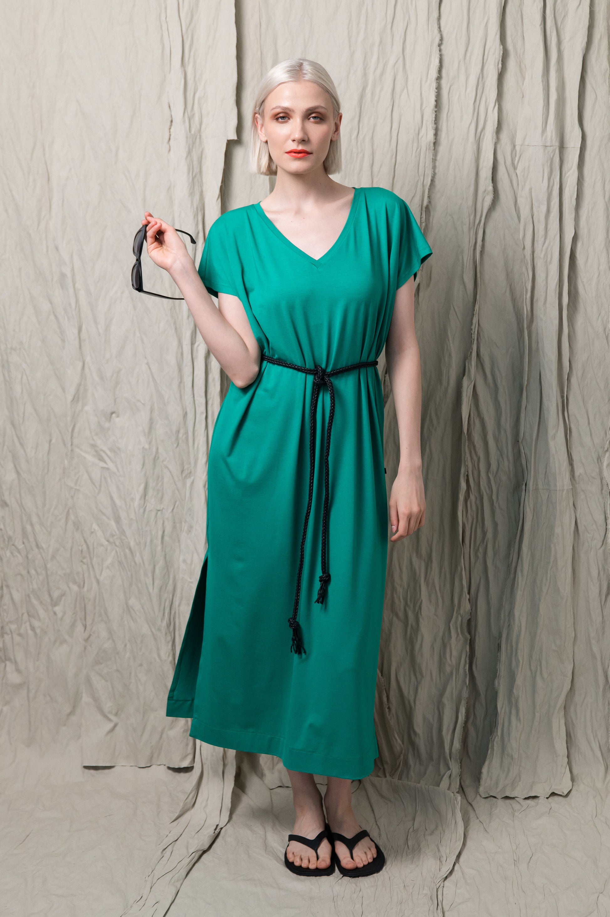 AWA DRESS GREEN, WITH ROPE BELT