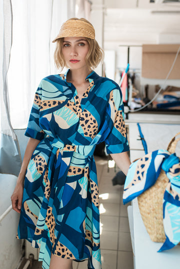 SAYO SHORT DRESS BLUE/BEIGE PATTERN